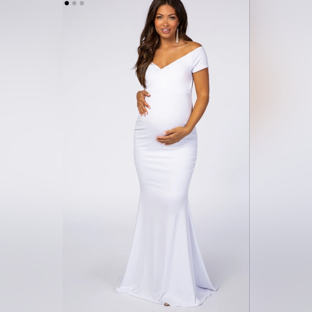 PinkBlush White Off Shoulder Wrap Maternity Photoshoot Gown/Dress